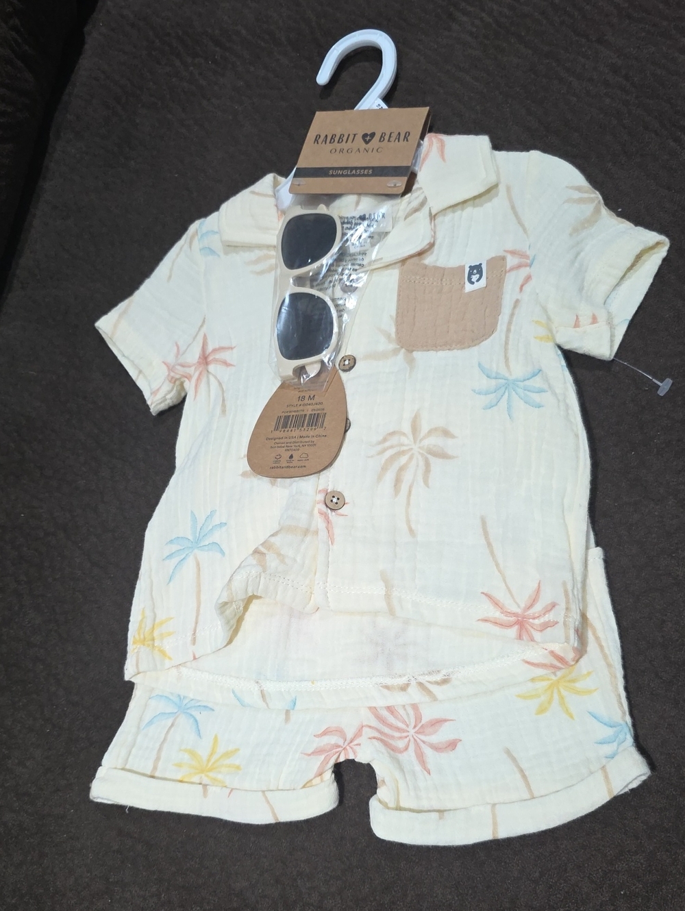 Rabbit Bear Palm Tree Toddler 18 Mo- 3 Piece Button Down Short Set W/ Sunglasses